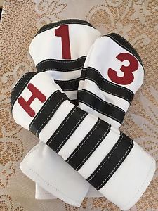 New, Custom, Leather Headcover Set, White with Black Stripes, Polo Design. image 1