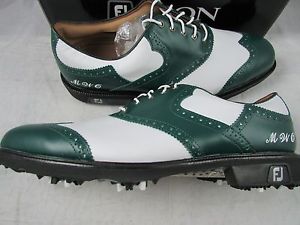 Footjoy Myjoys Icon Shield Tip Golf Shoes White Green Custom Logos 12 Medium image 1